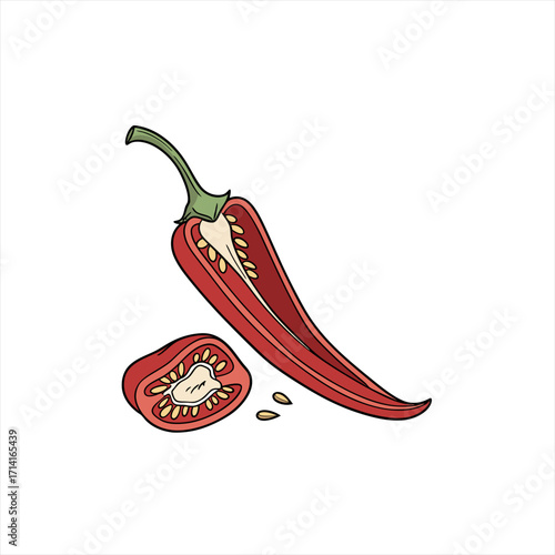 Red chili pepper cut in half with seeds and slice