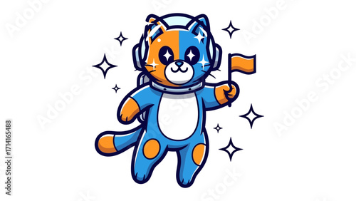 Cat Astronaut Embarks on Cosmic Journey: A charming cartoon cat astronaut, radiating joy, floats in a celestial space adorned with stars, clutching a tiny flag.
