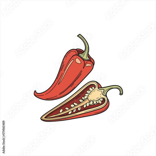 Red chili pepper whole and cut in half showing seeds and flesh