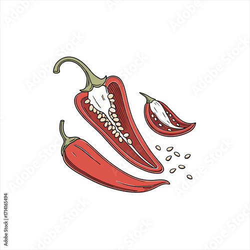 Red chili peppers whole and sliced with seeds