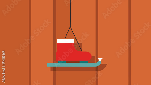 Minimalist vector illustration of ice skates hanging on a wooden wall