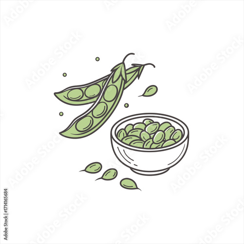 Fresh green peas in a bowl and pods illustration