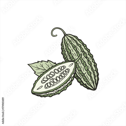 Illustration of bitter melon or bitter gourd with leaves