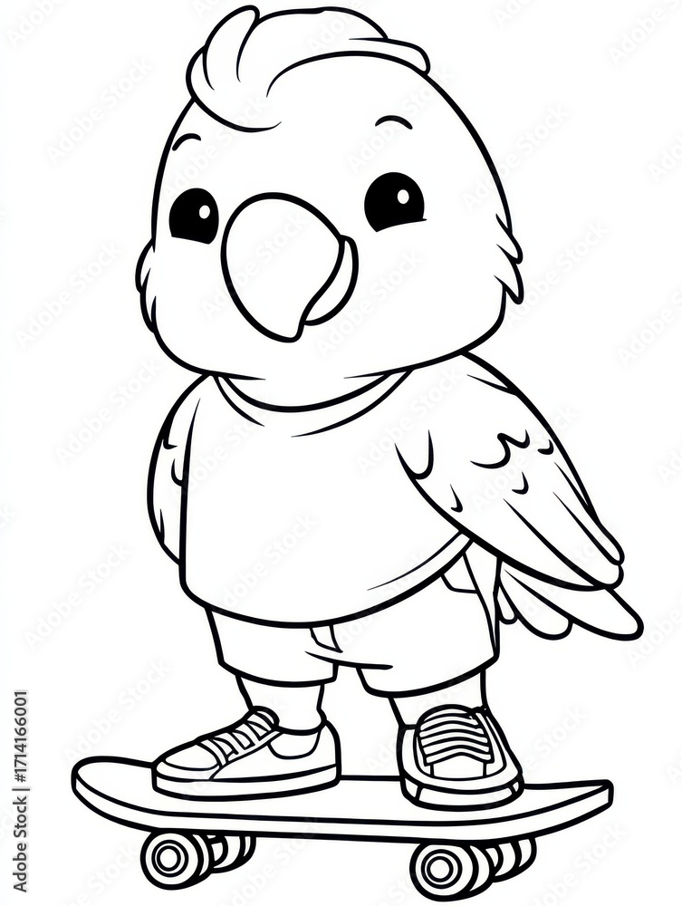 Obraz premium Cool Parrot Skateboarding Adventure: A cartoon parrot rides a skateboard, exuding cool vibes.This illustration embodies playful energy and excitement