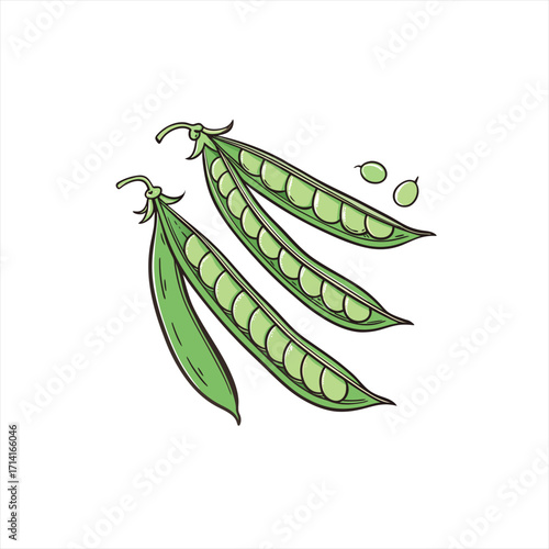 Fresh green pea pods with peas scattered on white background