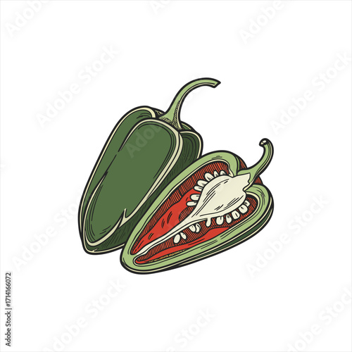 Hand drawn illustration of a whole and halved green jalapeno pepper