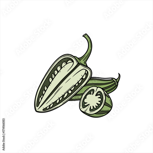 Illustration of a halved jalape o pepper and whole peppers