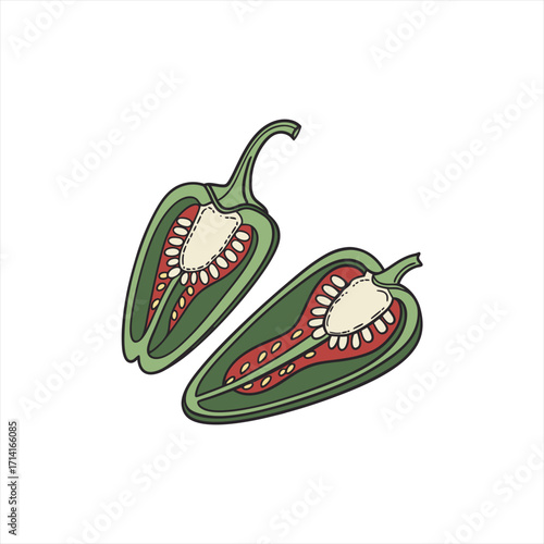Hand drawn illustration of two halves of a green jalapeno pepper