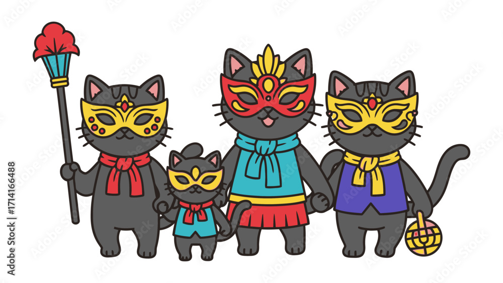 Obraz premium Carnival Cats: A family of playful cat characters, dressed in vibrant carnival costumes, stands together, ready to join the festivities in a joyful display of unity and celebration.