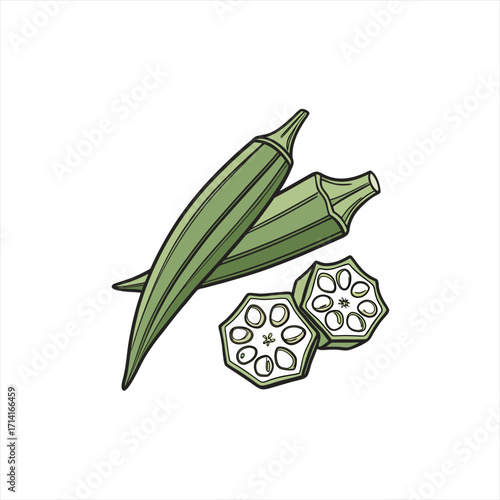 Fresh okra pods and slices isolated on white background