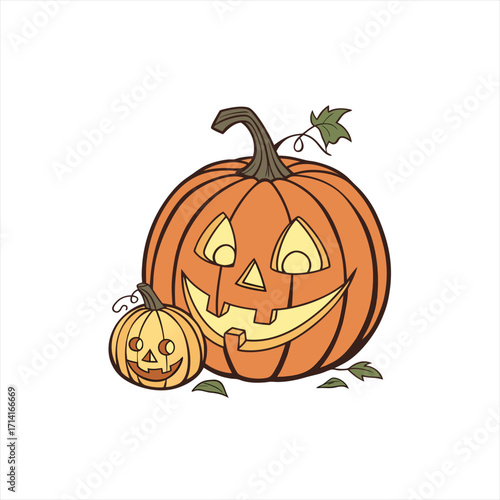 Two happy carved halloween pumpkins with glowing faces and leaves