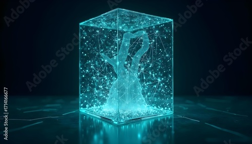 Abstract technology network with interconnected nodes and data streams, dark background with neon accents, modern digital design .