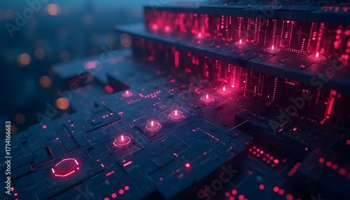 Abstract technology network with interconnected nodes and data streams, dark background with neon accents, modern digital design .