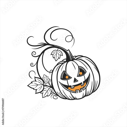 Spooky halloween jack o lantern with swirling vines and leaves