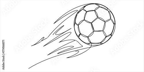 Fast soccer ball continuous single line art drawing sketch on white background