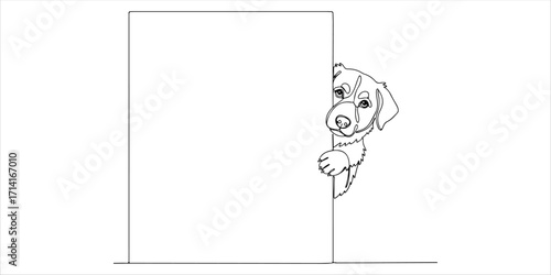 Shy dog hiding behind a blank sign continuous single line art drawing sketch on white background