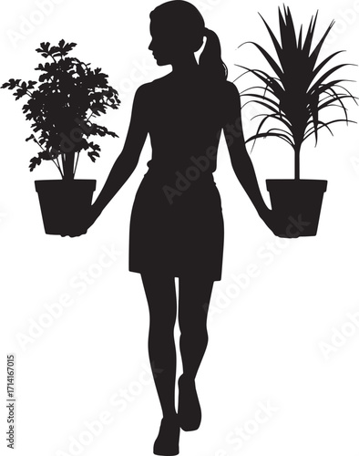 Woman Silhouette Holding Potted Plants Gardening Hobby Greenery Nature Growth Cultivation