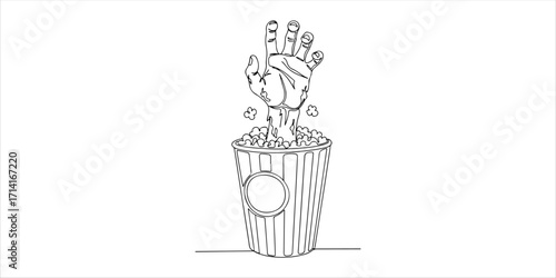 Zombie hand coming out of a popcorn bucket continuous single line art drawing sketch on white background