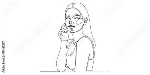 Young beautiful woman posing and looking at the camera continuous single line art drawing sketch on white background