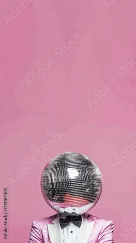 A young man in a party outfit, wearing a tuxedo, ready to go out, with a disco ball instead of his head, illustrated in a vertical video format.