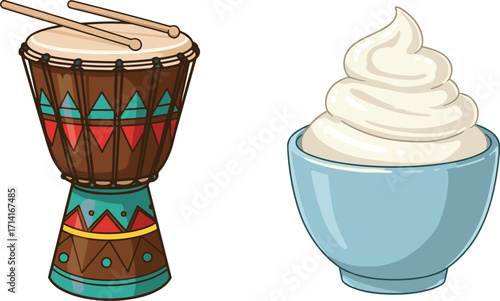 Traditional djembe drum illustration, African musical instrument art, yogurt bowl design, food and music concept, cultural lifestyle vector, creative combination