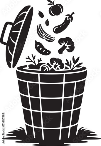Black Silhouette of a Compost Bin with Food Scraps on a Transparent Background Vector Art
