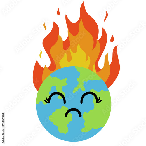 Illustration of Burning Earth With a Sad Face