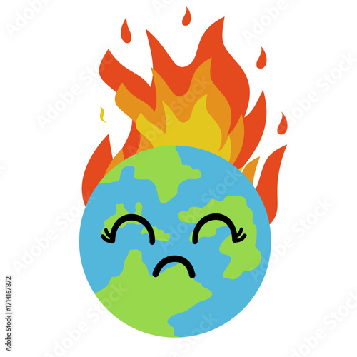 Illustration of Burning Earth With a Sad Face