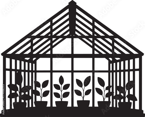 Detailed Greenhouse Structure Silhouette on Transparent Backdrop Vector Illustration