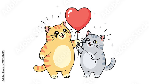 Cute Kitties' Love Balloon: Two adorable cartoon kittens holding a heart-shaped balloon, a symbol of love, companionship and affection in this sweet illustration. 