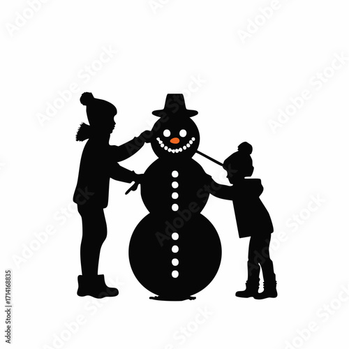 Children building a snowman together winter fun and holiday cheer season's greetings card design
