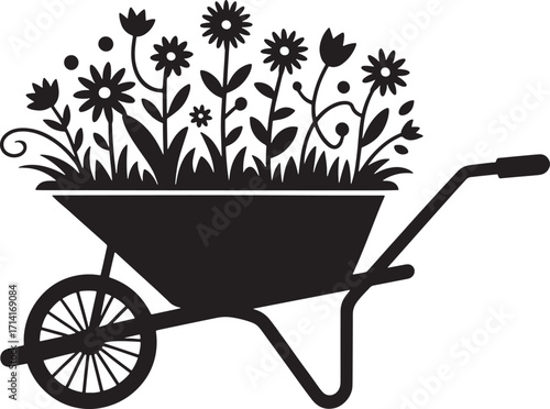 Silhouette of a Wheelbarrow Full of Flowers on a Transparent Background for Gardening