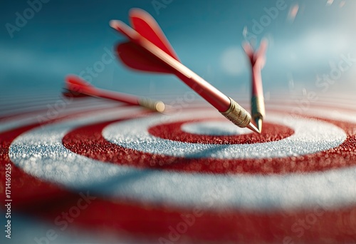 Three red darts embedded in a target, close-up.  Sunlight highlights the scene.  A focus on precision and success