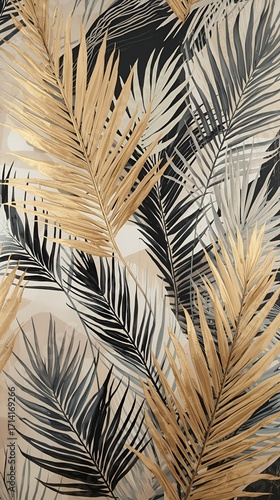 Abstract Golden Palm and Black Line Art Botanical Wallpaper for Modern Interior Design