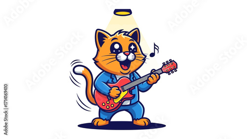 Feline Rock Star: A cheerful cartoon cat passionately strums a guitar, embodying a musical spirit and playful persona in vibrant illustrative style.