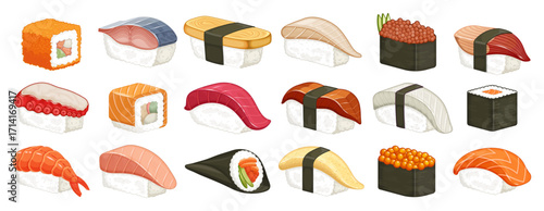 Assorted sushi and nigiri collection vector illustration