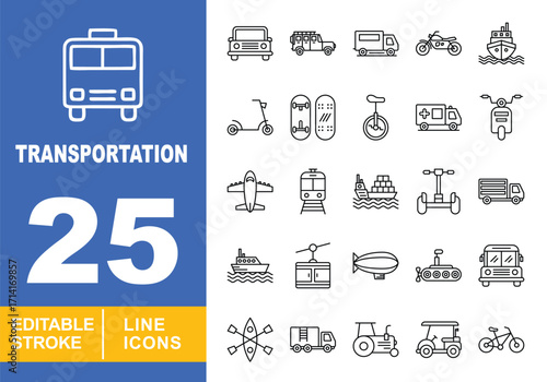 Transportation line icon set. Car, Suv, Trailer, Motorcycle, Ship, Kickboard, Skateboard, Unicycle, Boat, Aircraft, Tram, Carrier, Segway, Delivery, Helicopter, Cableway. Editable stroke icons