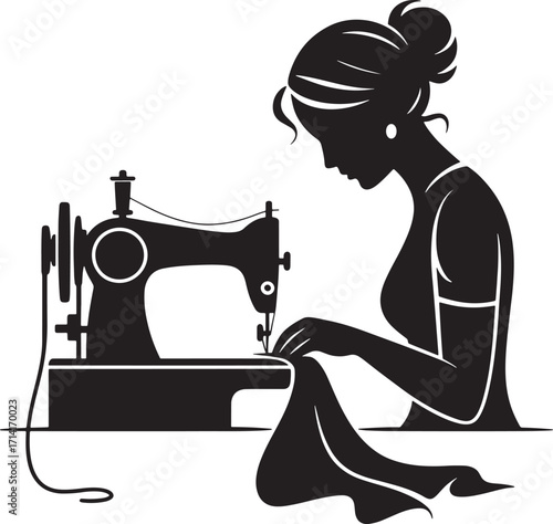 Silhouette of a Seamstress Using a Sewing Machine Against a Transparent Background Vector Graphic