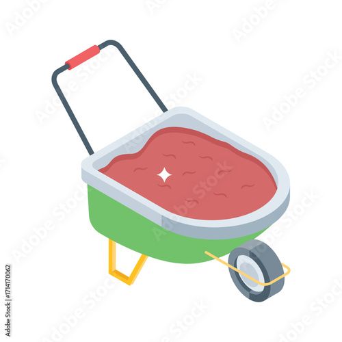 Trendy isometric style icon of steel garden wheelbarrow