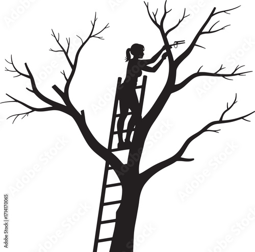 Silhouette of a Woman Pruning a Tree on a Ladder Against a Transparent Background Vector Illustration