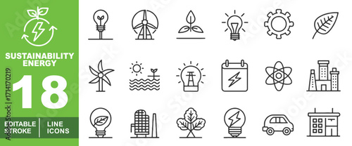 Sustainability line icon set. Bulb, Windturbine, Plant, Flashbulb, Gear, Leaf, Turbine, Sea, Electricbulb, Calendar, Atom, Factory, Leafbulb, Building, Bush. Editable stroke icons collection.