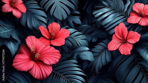 Vibrant Hibiscus Flowers Among Dark Green Tropical Leaves
