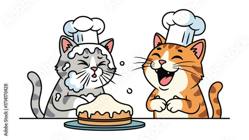 Culinary Cats: Two adorable cartoon cats, adorned with chef hats, share a delightful moment over a freshly baked cake, capturing the whimsy of teamwork in the kitchen.