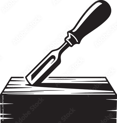 Silhouette of a Chisel Cutting Wood Against a Transparent Background Depicting Carpentry and Craft