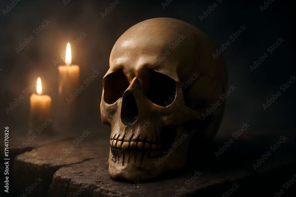Fototapeta premium A human skull sits on a stone surface with candles in the background, creating a macabre and eerie scene, halloween design