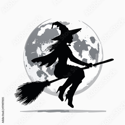 Eerie Halloween night features a witch silhouette flying on broom in front of a full moon