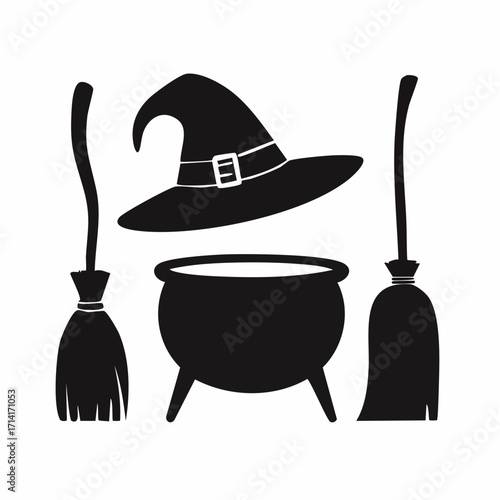 Spooky Halloween witch silhouette with hat, cauldron and broom for festive designs and seasonal projects