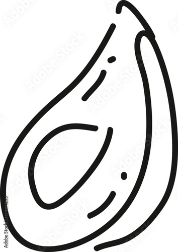 Simple handdrawn black line art icon of a sliced avocado wedge minimalist style.