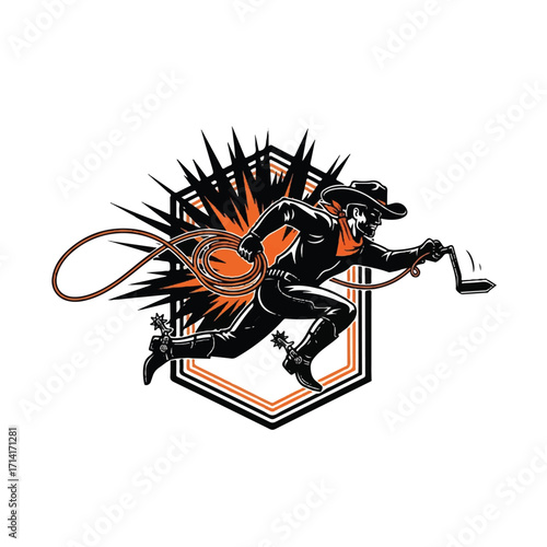 Illustration of a cowboy running with a whip in front of an explosion.