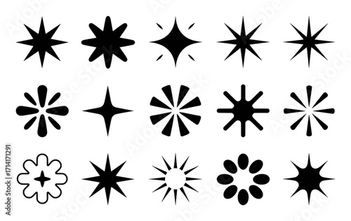 Collection of Black Starburst and Sparkle Icons on White Background